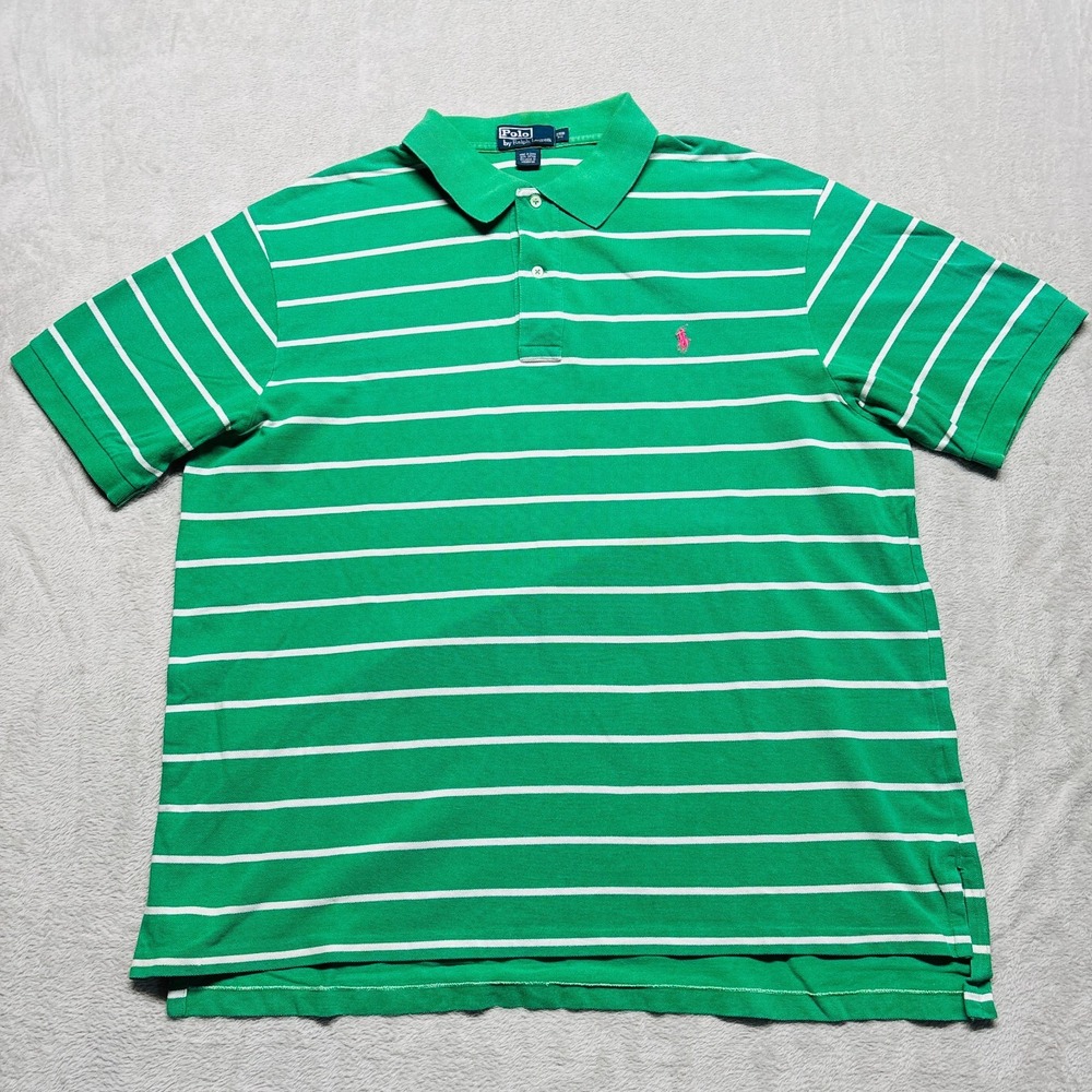 VTG Polo Ralph Lauren Shirt Mens 2XB Green Striped Pink Pony Casual Short Sleeve